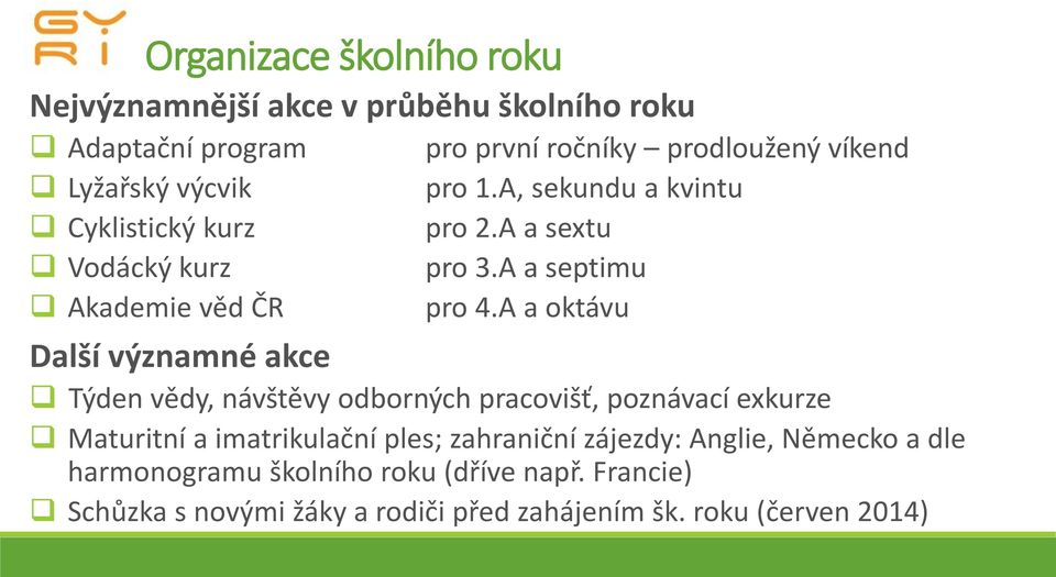 A a oktávu Další významné akce Týden vědy, návštěvy odborných pracovišť, poznávací exkurze Maturitní a imatrikulační ples; zahraniční