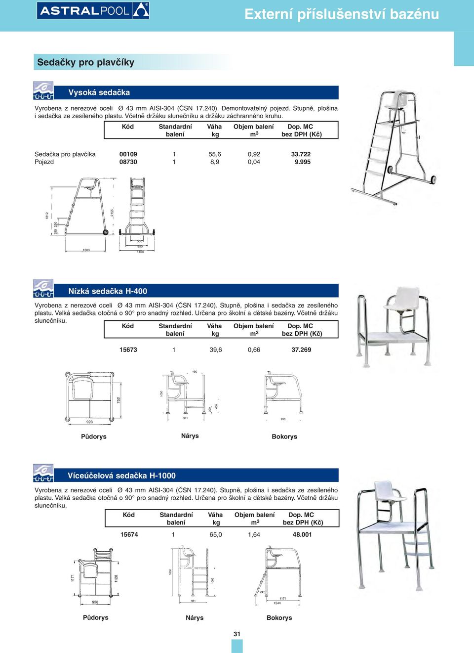 995 395 250 1812 2155 1500 506 850 1400 Nízká sedačka H-400 Vyrobena z nerezové oceli Ø 43 mm AISI-304 (ČSN 17.240). Stupně, plošina i sedačka ze zesíleného plastu.