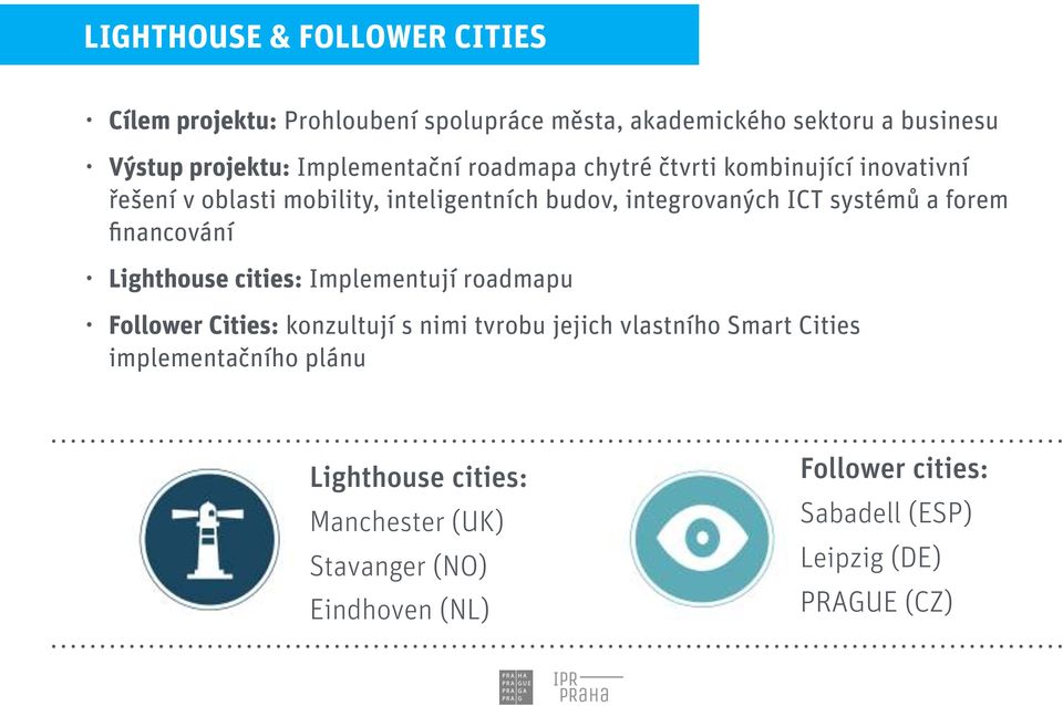 systémů a forem financování Lighthouse cities: Implementují roadmapu Follower Cities: konzultují s nimi tvrobu jejich vlastního Smart