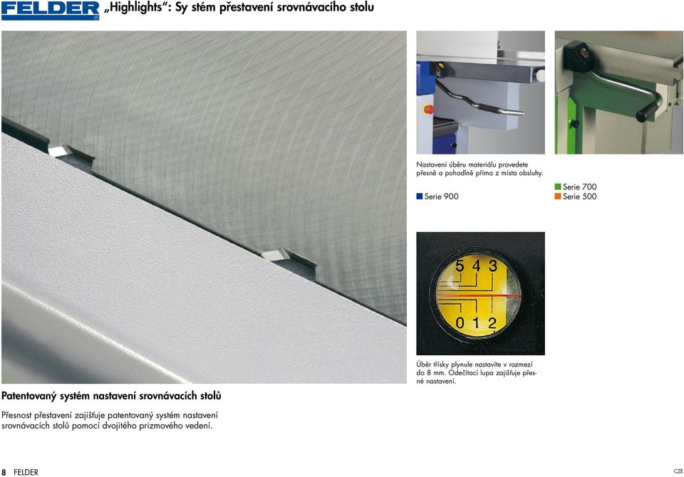 Serie 900 Serie 700 Serie 500 Patentovaný systém nastavení srovnávacích stolů Úběr třísky plynule