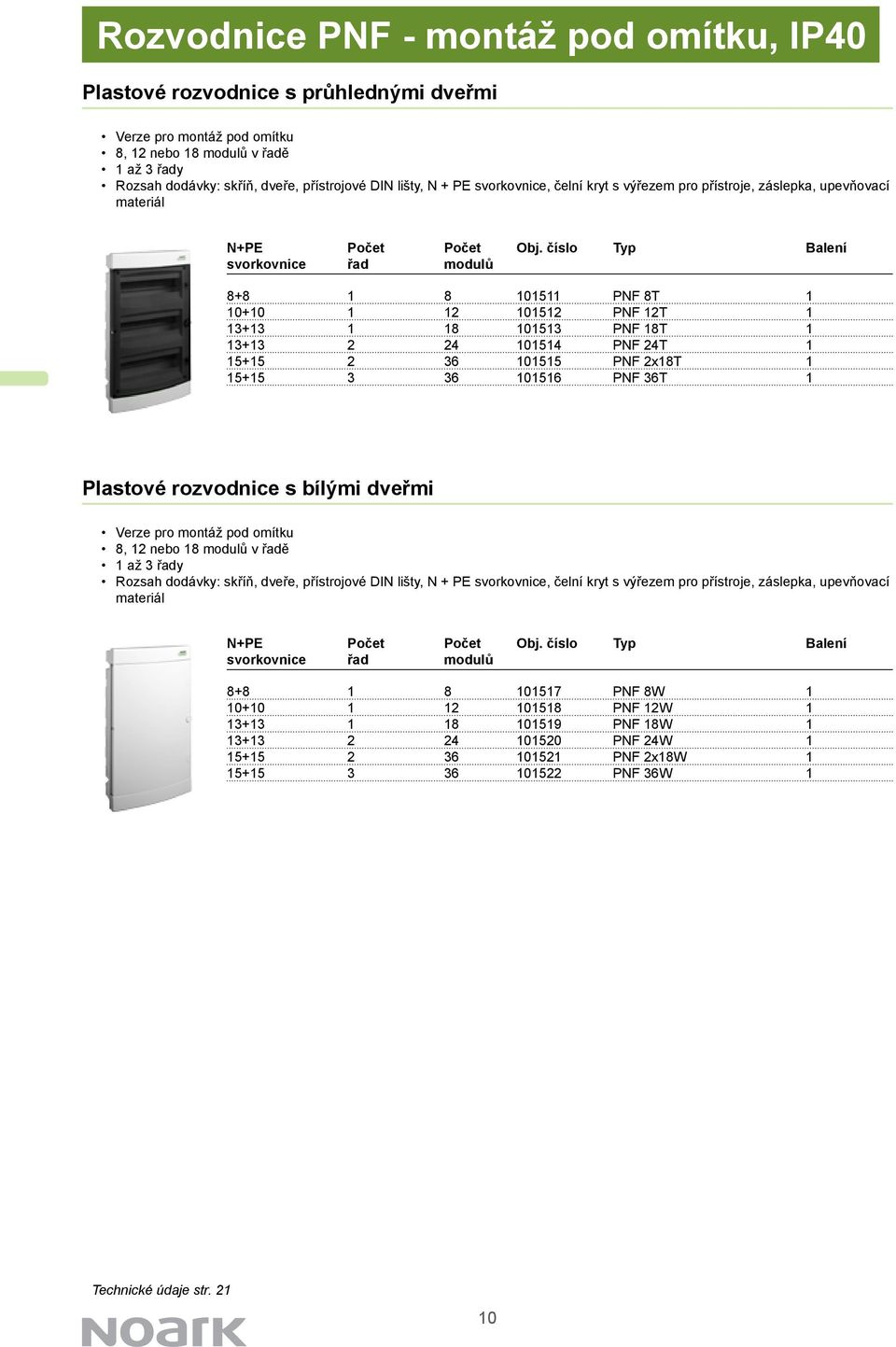 číslo Typ Balení svorkovnice řad modulů 8+8 1 8 101511 PNF 8T 1 10+10 1 12 101512 PNF 12T 1 13+13 1 18 101513 PNF 18T 1 13+13 2 24 101514 PNF 24T 1 15+15 2 36 101515 PNF 2x18T 1 15+15 3 36 101516 PNF