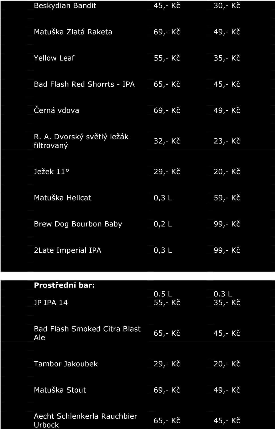 Dvorský světlý ležák filtrovaný 32,- Kč 23,- Kč Ježek 11 29,- Kč 20,- Kč Matuška Hellcat 0,3 L 59,- Kč Brew Dog Bourbon Baby 0,2 L 99,- Kč 2Late