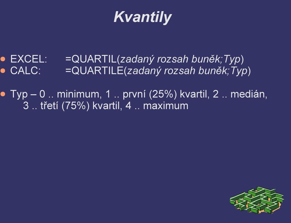 Typ 0.. miimum, 1.. prví (25%) kvartil, 2.