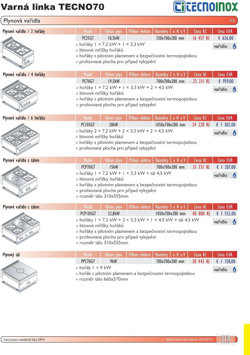 hořáky s pilotním plamenem a bezpečnostní termopojistkou Plynové / 6 hořáků Model Výkon plyn Příkon elektro Rozměry Š x H x V Cena Kč Cena EUR PC105G7 30kW 1050x700x280 mm 34 228 Kč 1 302,00 hořáky 2