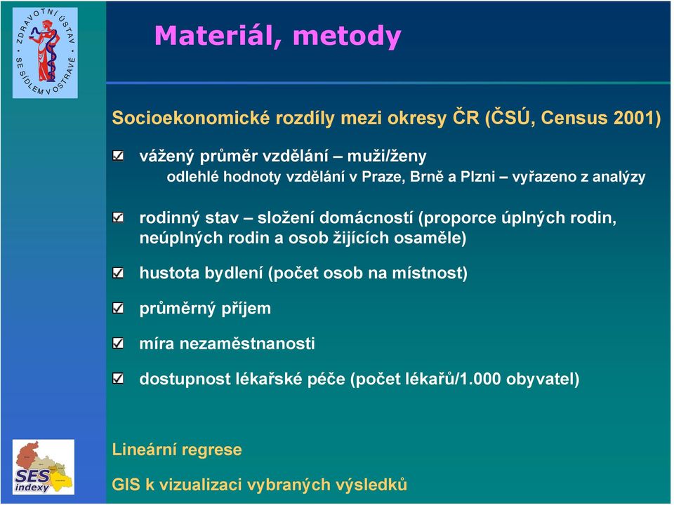 úplných rodin, neúplných rodin a osob žijících osaměle) hustota bydlení (počet osob na místnost) průměrný příjem