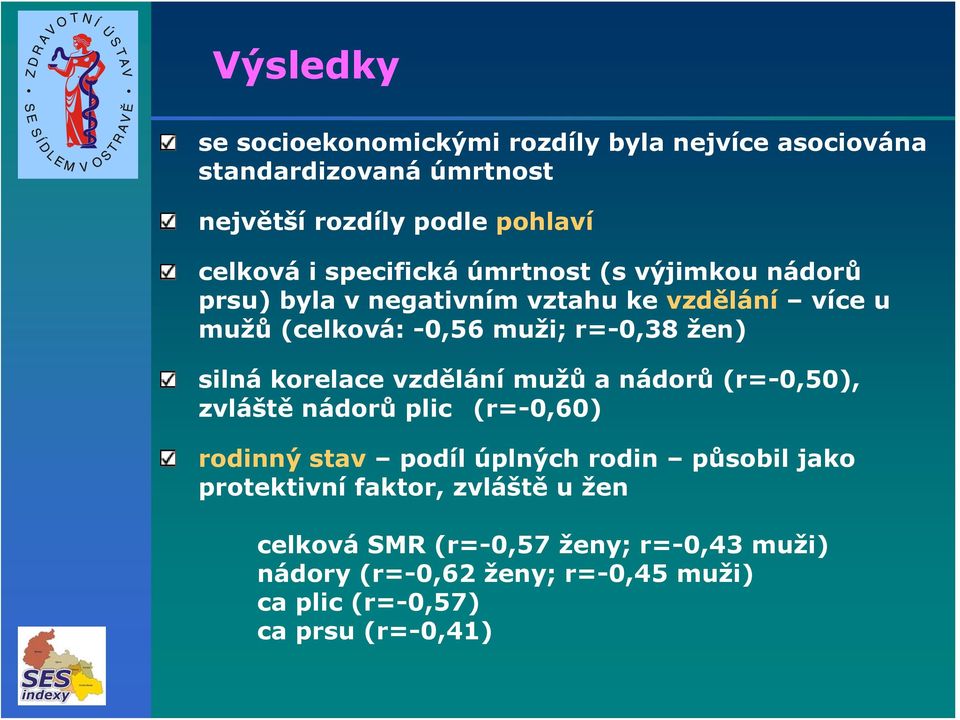 silná korelace vzdělání mužů a nádorů (r=-0,50), zvláště nádorů plic (r=-0,60) rodinný stav podíl úplných rodin působil jako