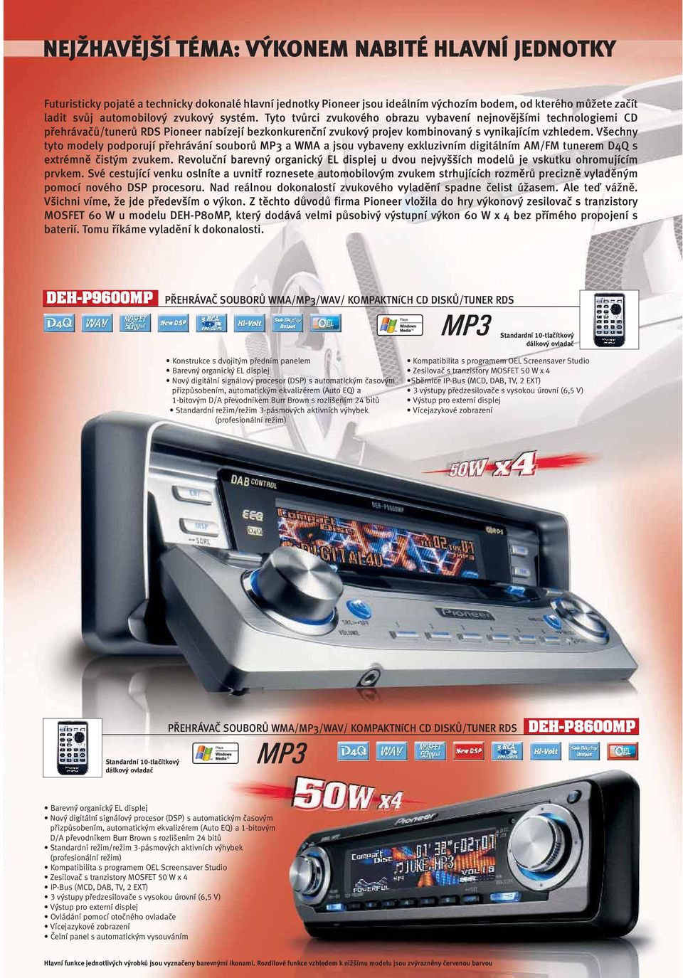 Všechny tyto modely podporují přehrávání souborů MP3 a WMA a jsou vybaveny exkluzivním digitálním AM/FM tunerem D4Q s extrémně čistým zvukem.