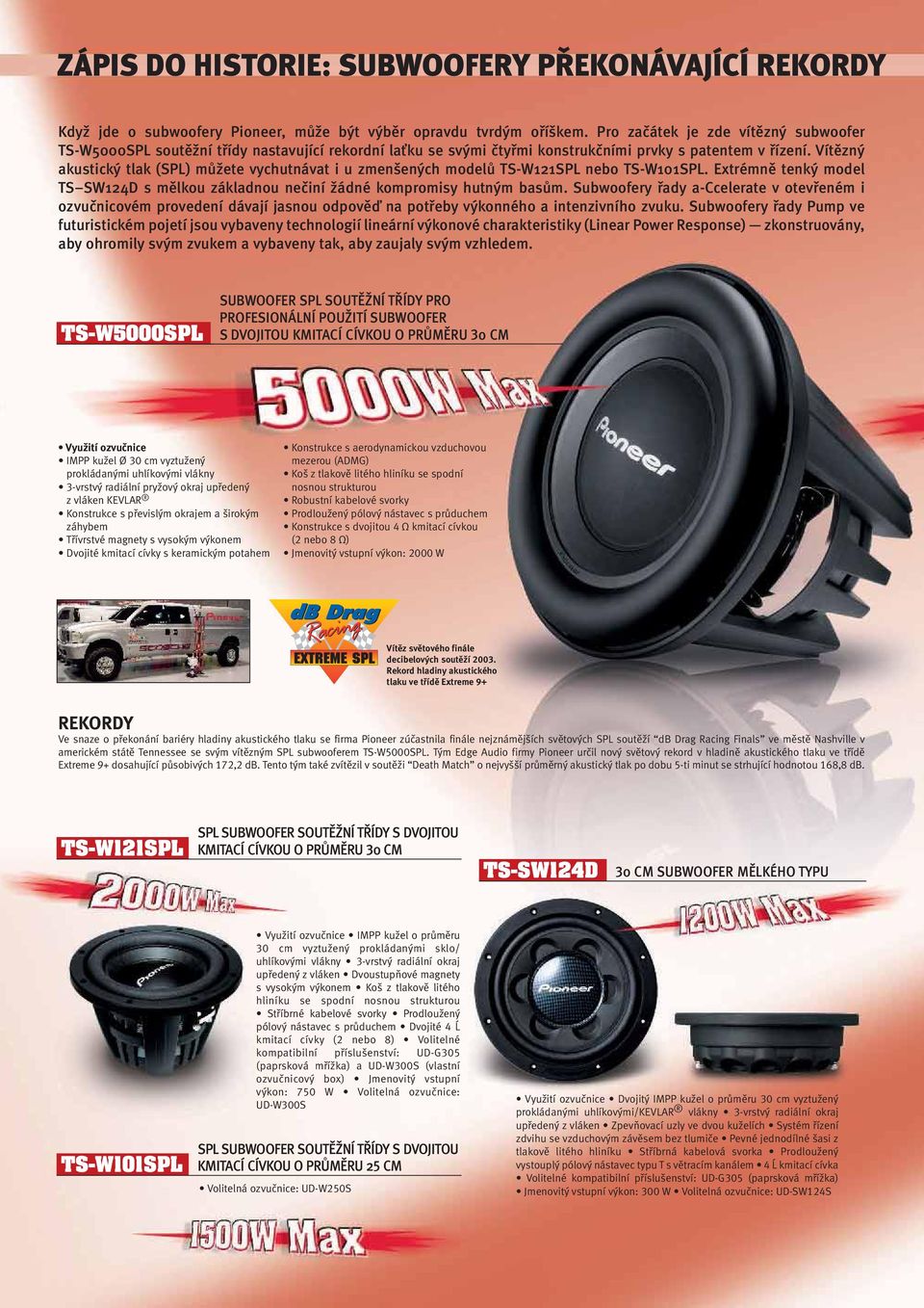 Vítězný akustický tlak (SPL) můžete vychutnávat i u zmenšených modelů TS-W121SPL nebo TS-W101SPL. Extrémně tenký model TS SW124D s mělkou základnou nečiní žádné kompromisy hutným basům.