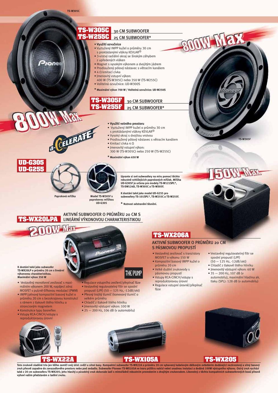 UD-W300S * Maximální výkon 700 W / Volitelná ozvučnice: UD-W250S TS-W305F TS-W255F 30 CM SUBWOOFER 25 CM SUBWOOFER* Využití volného prostoru Vyztužený IMPP kužel o průměru 30 cm s prokládanými vlákny