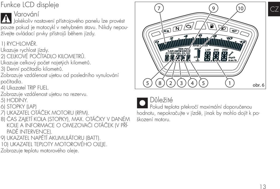 4) Ukazatel TRIP FUEL. Zobrazuje vzdálenost ujetou na rezervu. 5) HODINY. 6) STOPKY (LAP) 7) UKAZATEL OTÁČEK MOTORU (RPM). 8) ČAS ZAJETÍ KOLA (STOPKY), MAX.