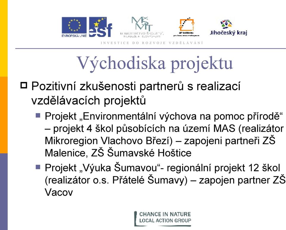 Mikroregion Vlachovo Březí) zapojeni partneři ZŠ Malenice, ZŠ Šumavské Hoštice Projekt Výuka