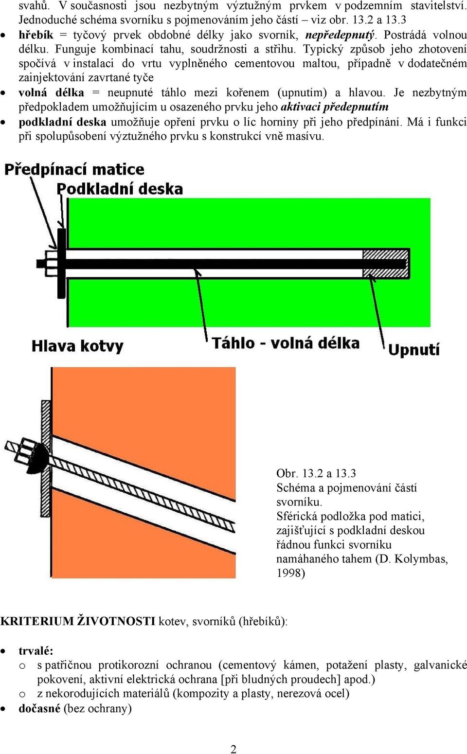 Typický způsob jeho zhotovení spočívá v instalaci do vrtu vyplněného cementovou maltou, případně v dodatečném zainjektování zavrtané tyče volná délka = neupnuté táhlo mezi kořenem (upnutím) a hlavou.