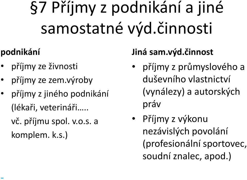 výroby příjmy z jiného podnikání (lékaři, veterináři.. vč. příjmu spol. v.o.s. a komplem. k.s.) Jiná sam.