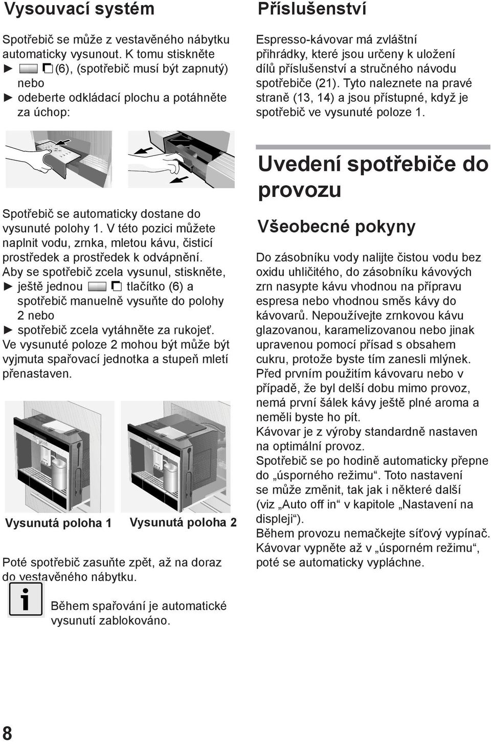 příslušenství a stručného návodu spotřebiče (21). Tyto naleznete na pravé straně (13, 14) a jsou přístupné, když je spotřebič ve vysunuté poloze 1.