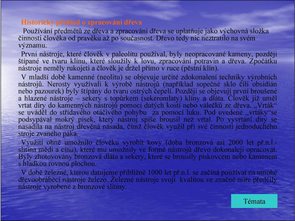 První nástroje, které člověk v paleolitu používal, byly neopracované kameny, později štípané ve tvaru klínu, které sloužily k lovu, zpracování potravin a dřeva.