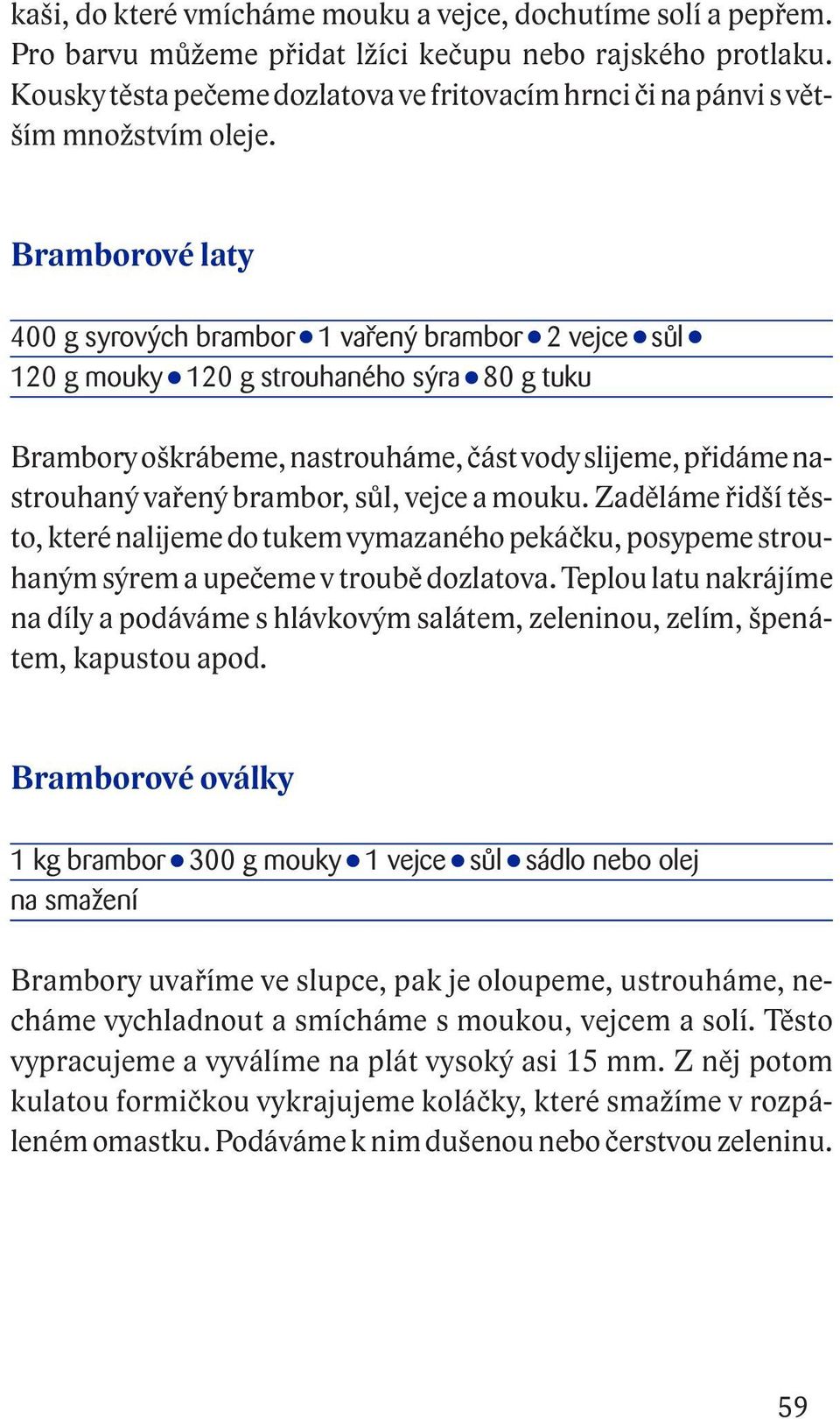 Bramborové laty 400 g syrových brambor 1 vařený brambor 2 vejce sůl 120 g mouky 120 g strouhaného sýra 80 g tuku Brambory oškrábeme, nastrouháme, část vody slijeme, přidáme nastrouhaný vařený