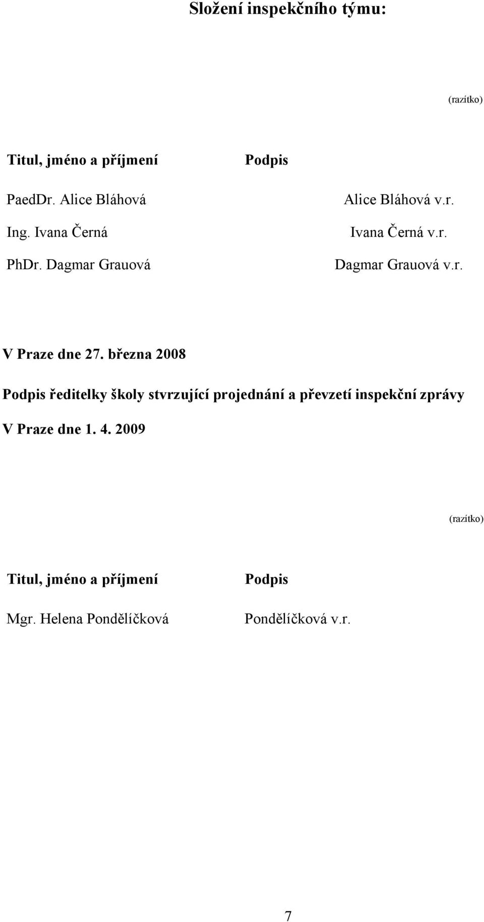 března 2008 Podpis ředitelky školy stvrzující projednání a převzetí inspekční zprávy V Praze dne