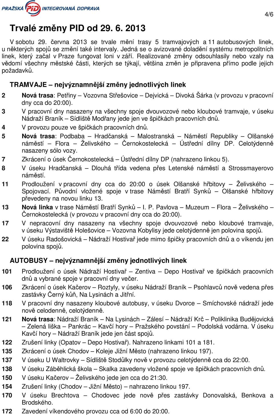 Realizované změny odsouhlasily nebo vzaly na vědomí všechny městské části, kterých se týkají, většina změn je připravena přímo podle jejich požadavků.