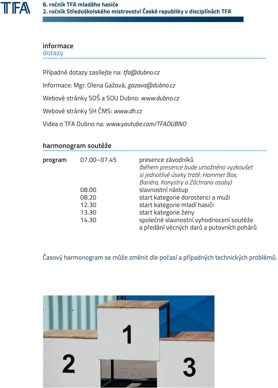 45 presence závodníků (během presence bude umožněno vyzkoušet si jednotlivé úseky tratě: Hammer Box, Bariéra, Kanystry a Záchrana osoby) 08.00 slavnostní nástup 08.