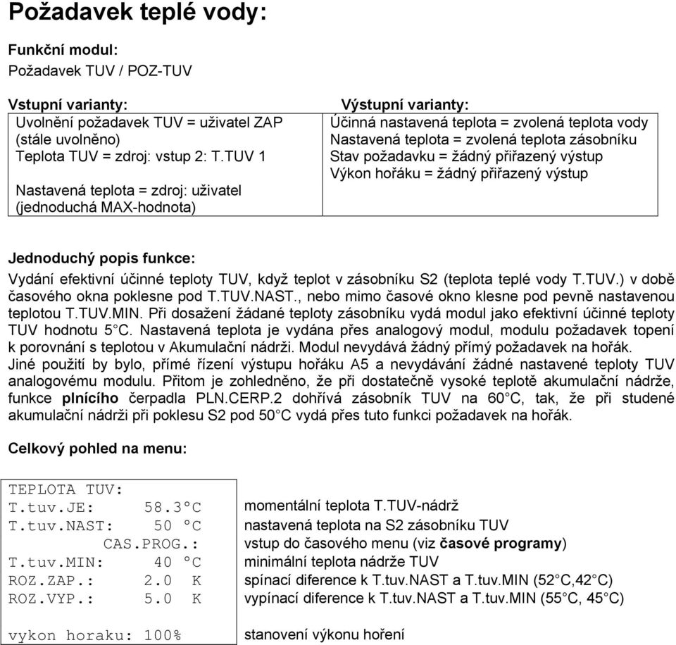 výstup Výkon hořáku = žádný přiřazený výstup Vydání efektivní účinné teploty TUV, když teplot v zásobníku S2 (teplota teplé vody T.TUV.) v době časového okna poklesne pod T.TUV.NAST.