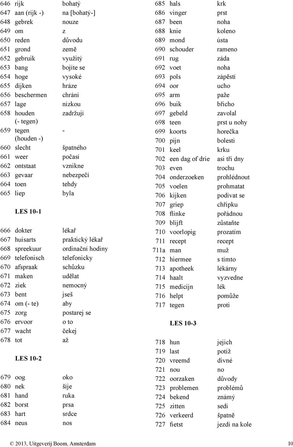 lékař 667 huisarts praktický lékař 668 spreekuur ordinační hodiny 669 telefonisch telefonicky 670 afspraak schůzku 671 maken udĕlat 672 ziek nemocný 673 bent jseš 674 om (- te) aby 675 zorg postarej
