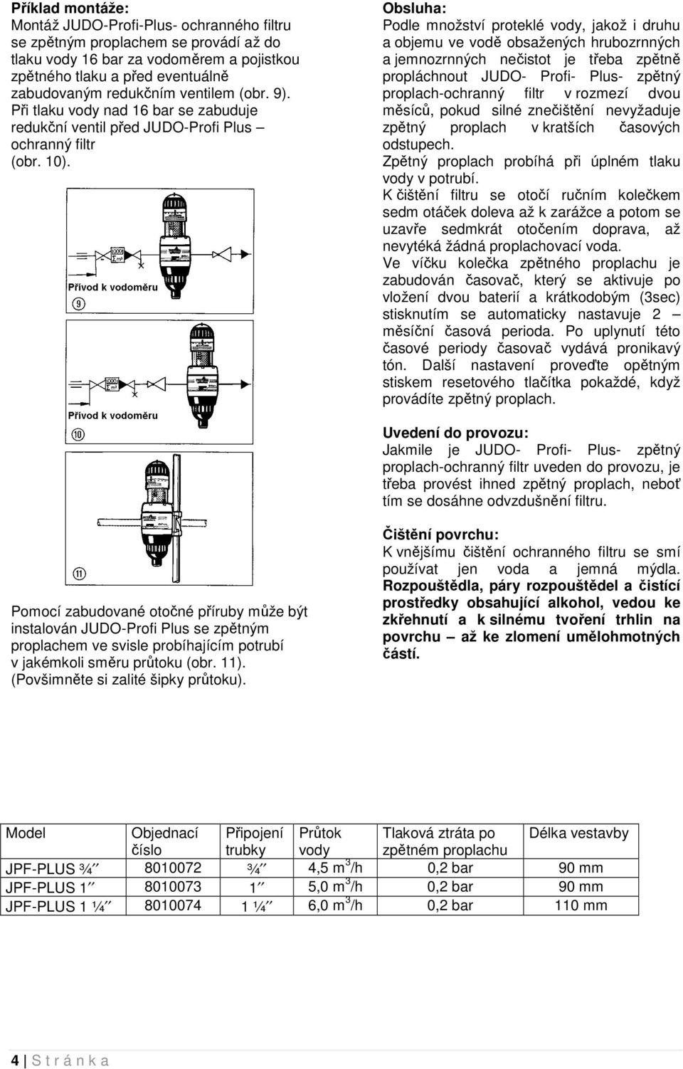 Obsluha: Podle množství proteklé vody, jakož i druhu a objemu ve vodě obsažených hrubozrnných a jemnozrnných nečistot je třeba zpětně propláchnout JUDO- Profi- Plus- zpětný proplach-ochranný filtr v