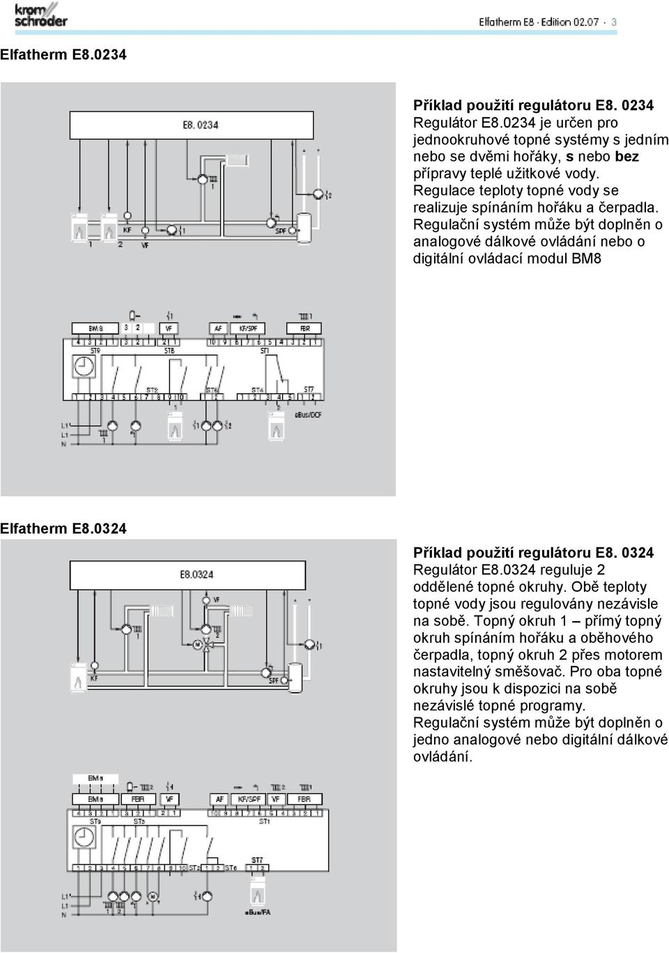 0324 Příklad použití regulátoru E8. 0324 Regulátor E8.0324 reguluje 2 oddělené topné okruhy. Obě teploty topné vody jsou regulovány nezávisle na sobě.