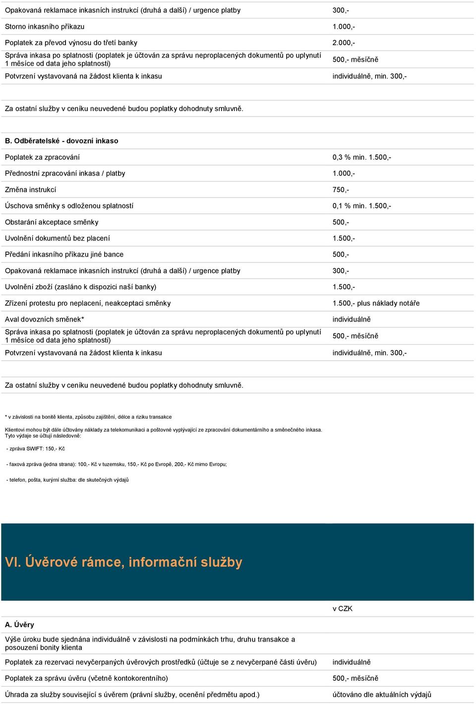 min. 300,- Za ostatní služby v ceníku neuvedené budou poplatky dohodnuty smluvně. B. Odběratelské - dovozní inkaso Poplatek za zpracování 0,3 % min. 1.500,- Přednostní zpracování inkasa / platby 1.