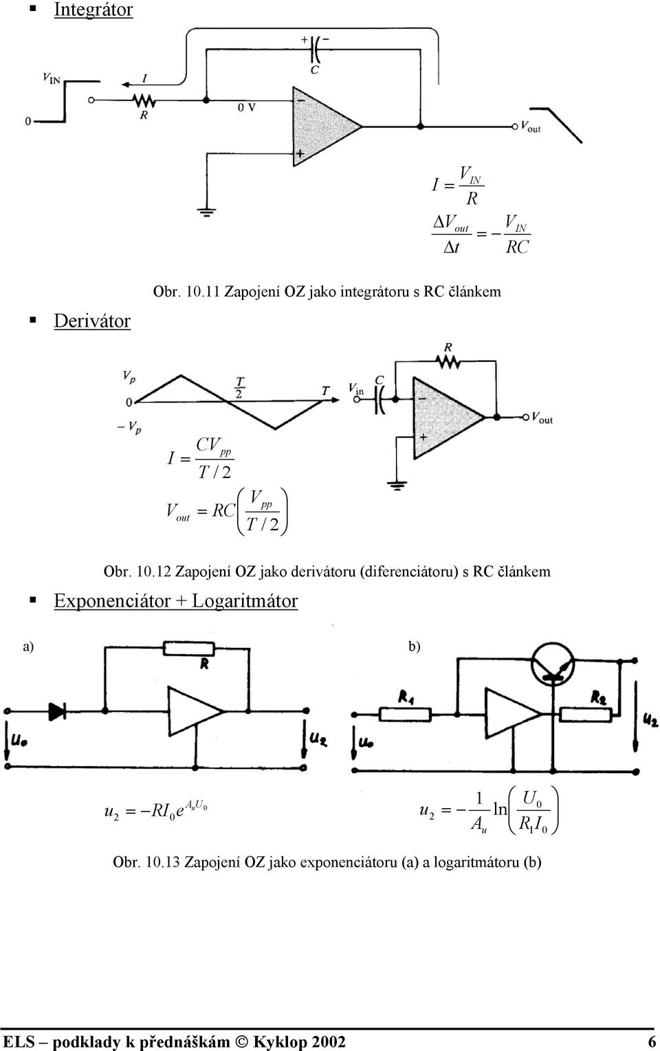 Zapojení OZ jako derivátor (diferenciátor) s C článkem Exponenciátor + Logaritmátor a)