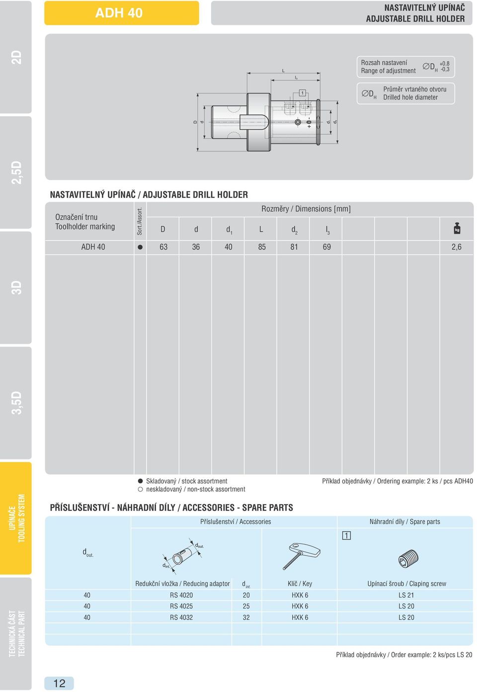 Rozměry / Dimensions [mm] D d d 1 L d 2 l 3 ADH 40 63 36 40 85 81 69 2,6 Skladovaný / stock assortment neskladovaný / non-stock assortment Příklad objednávky / Ordering example: 2 ks / pcs