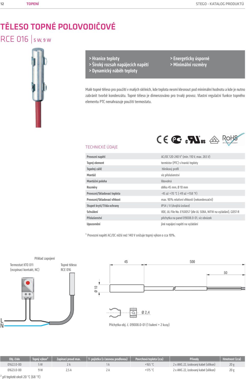 Vlastní regulační funkce topného elementu PTC nenahrazuje použití termostatu. Provozní napětí AC/DC 120-240 V¹ (min. 110 V, max.