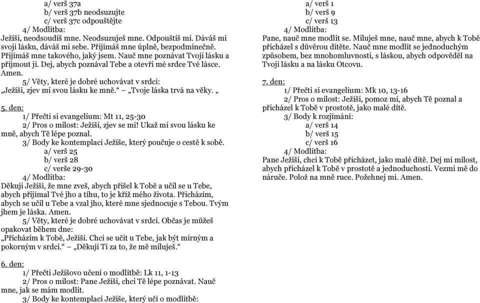 5. den: 1/ Přečti si evangelium: Mt 11, 25-30 2/ Pros o milost: Ježíši, zjev se mi! Ukaž mi svou lásku ke mně, abych Tě lépe poznal. 3/ Body ke kontemplaci Ježíše, který poučuje o cestě k sobě.