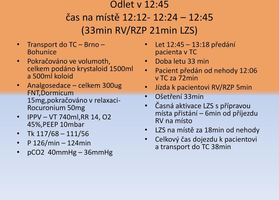 pco2 40mmHg 36mmHg Let 12:45 13:18 předání pacienta v TC Doba letu 33 min Pacient předán od nehody 12:06 v TC za 72min Jízda k pacientovi RV/RZP 5min Ošetření 33min