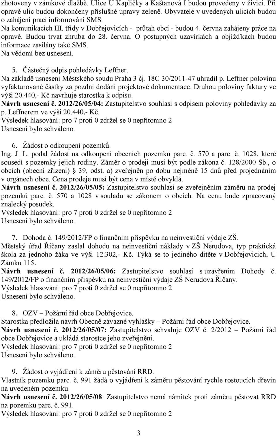 června. O postupných uzavírkách a objížďkách budou informace zasílány také SMS. 5. Částečný odpis pohledávky Leffner. Na základě usnesení Městského soudu Praha 3 čj. 18C 30/2011-47 uhradil p.
