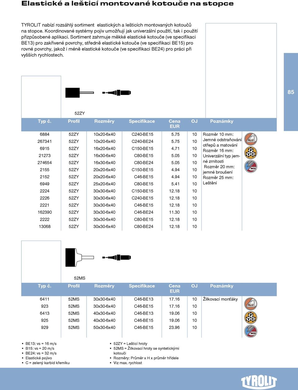 Sortiment zahrnuje měkké elastické kotouče (ve specifikaci BE13) pro zakřivené povrchy, středně elastické kotouče (ve specifikaci BE15) pro rovné povrchy, jakož i méně elastické kotouče (ve