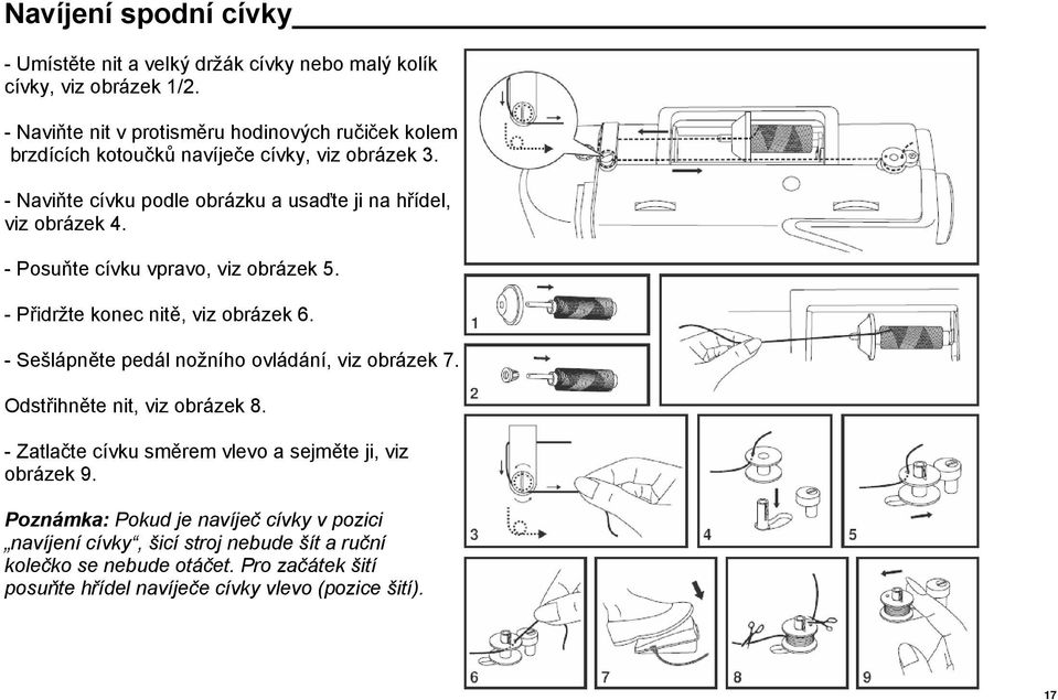 - Naviňte cívku podle obrázku a usaďte ji na hřídel, viz obrázek 4. - Posuňte cívku vpravo, viz obrázek 5. - Přidržte konec nitě, viz obrázek 6.