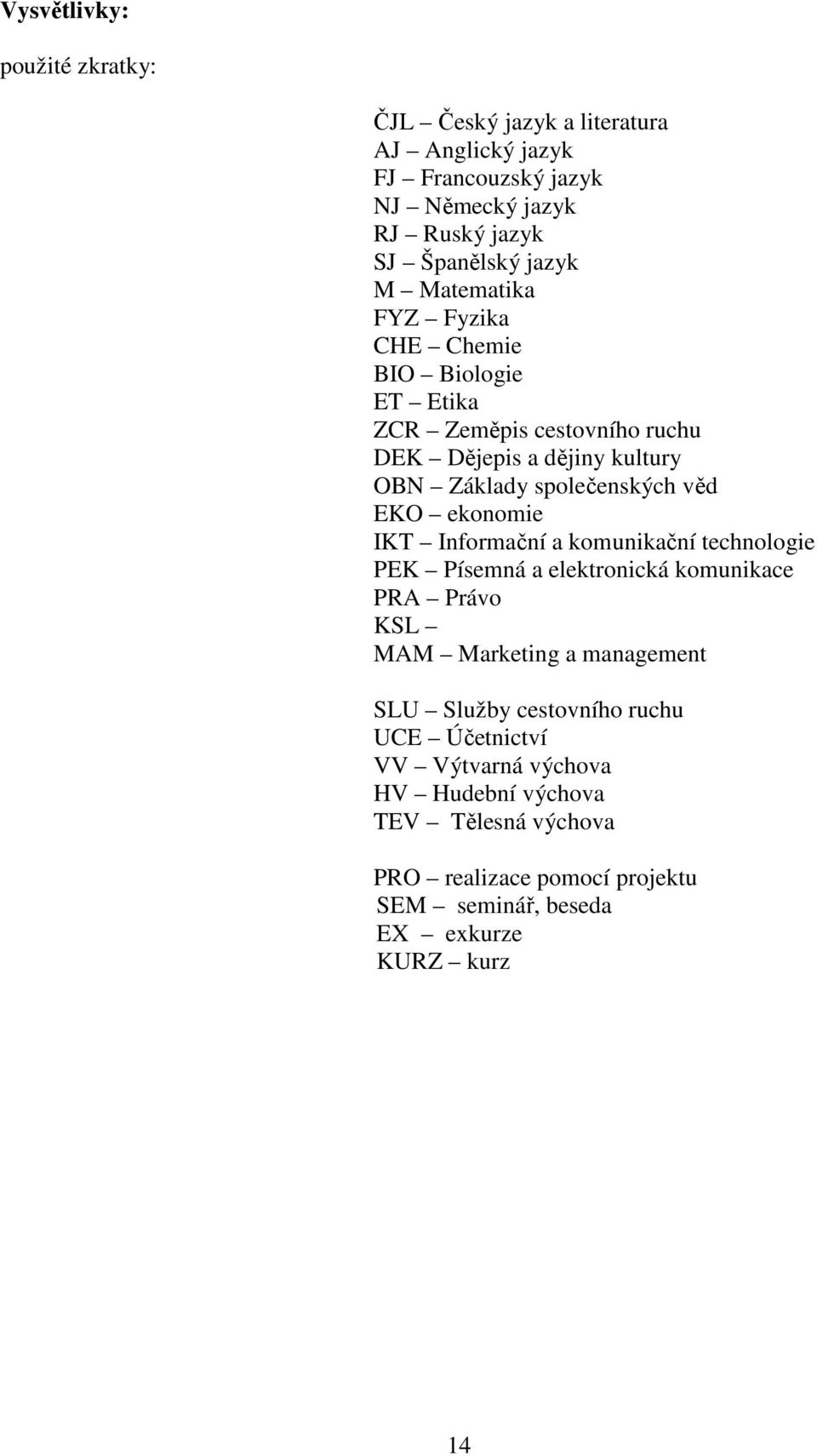 ekonomie IKT Informační a komunikační technologie PEK Písemná a elektronická komunikace PRA Právo KSL MAM Marketing a management SLU Služby cestovního