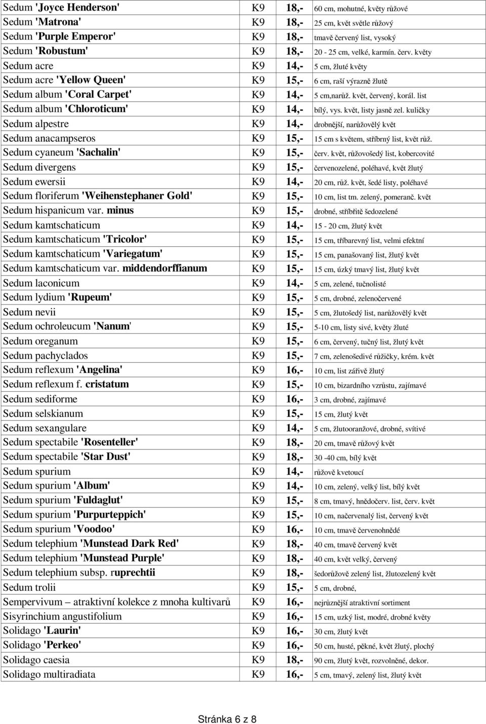 list Sedum album 'Chloroticum' K9 14,- bílý, vys. květ, listy jasně zel. kuličky Sedum alpestre K9 14,- drobnější, narůžovělý květ Sedum anacampseros K9 15,- 15 cm s květem, stříbrný list, květ růž.