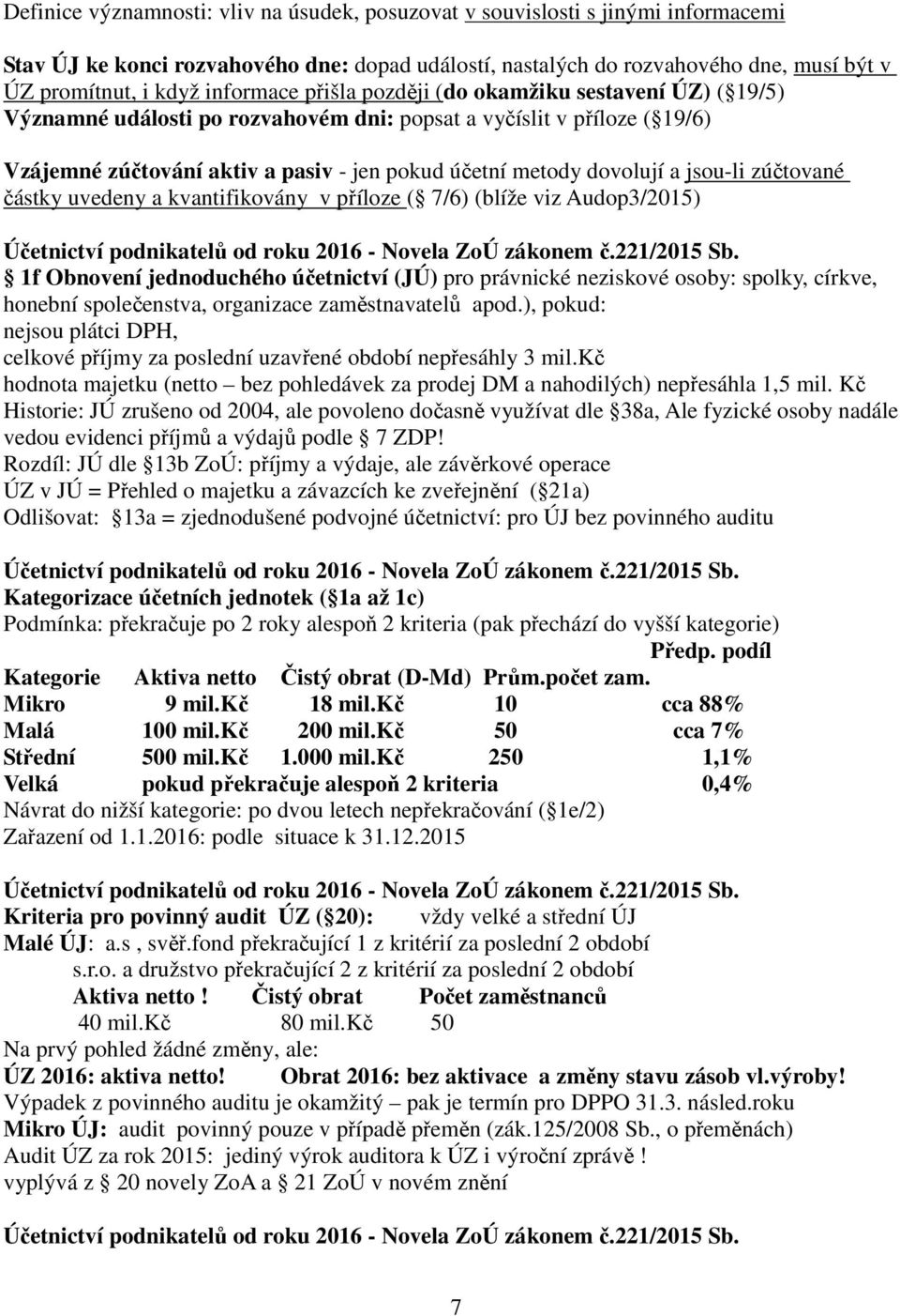 dovolují a jsou-li zúčtované částky uvedeny a kvantifikovány v příloze ( 7/6) (blíže viz Audop3/2015) Účetnictví podnikatelů od roku 2016 - Novela ZoÚ zákonem č.221/2015 Sb.