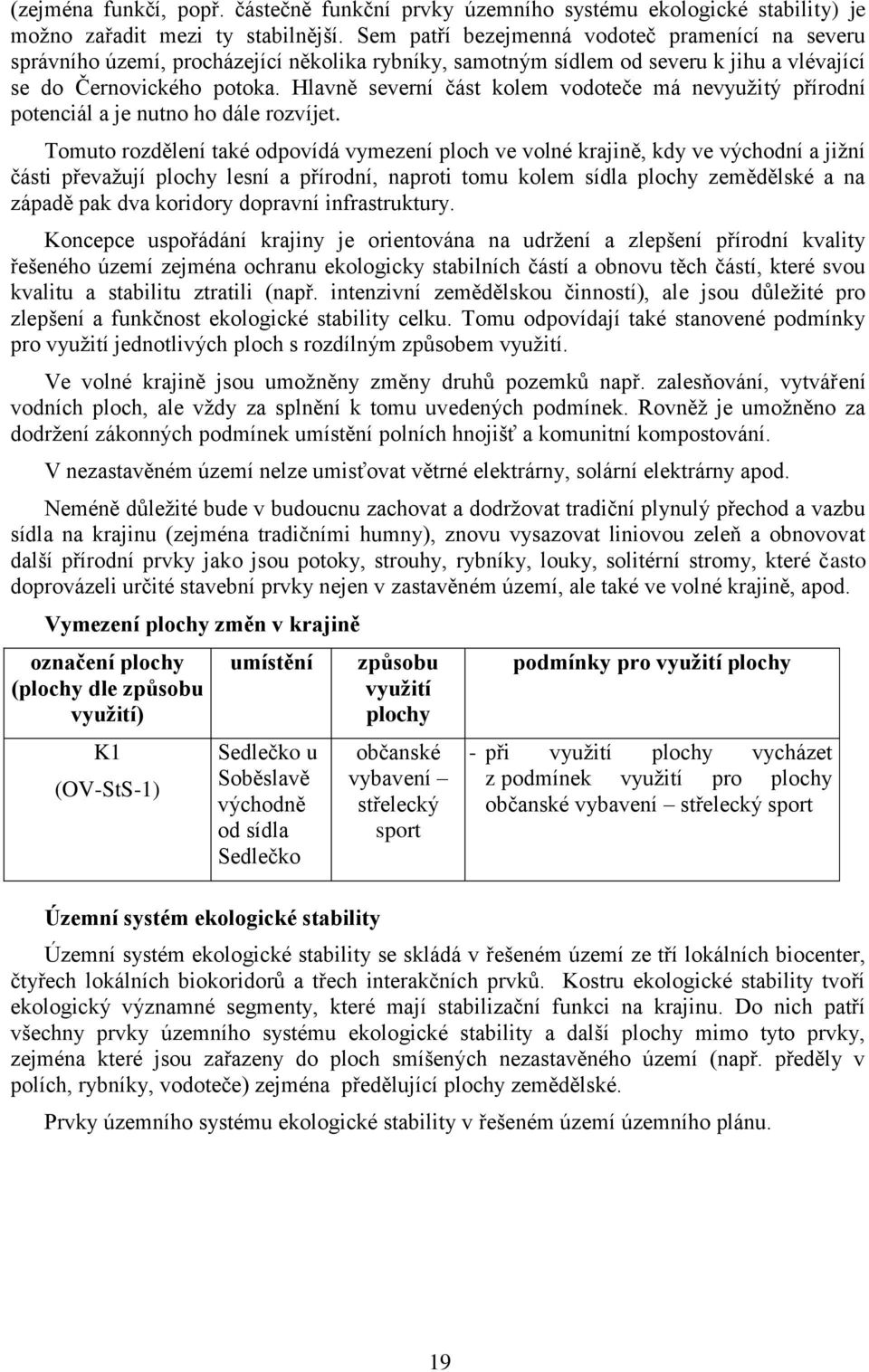 Hlavně severní část kolem vodoteče má nevyužitý přírodní potenciál a je nutno ho dále rozvíjet.