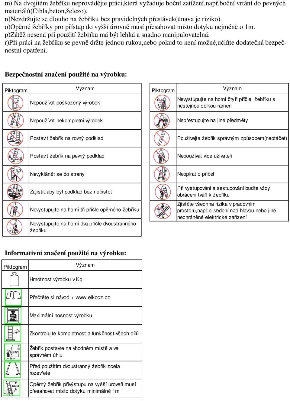 p)zátěž nesená při použití žebříku má být lehká a snadno manipulovatelná. r)při práci na žebříku se pevně držte jednou rukou,nebo pokud to není možné,učiňte dodatečná bezpečnostní opatření.