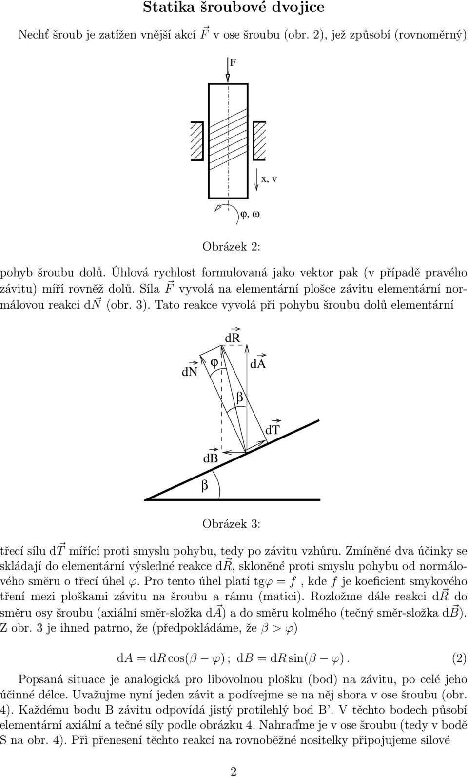 Tatoreakcevyvolápřipohybušroubudolůelementární dn β ϕ db dr β da dt Obrázek 3: třecísílud Tmířícíprotismyslupohybu,tedypozávituvzhůru.