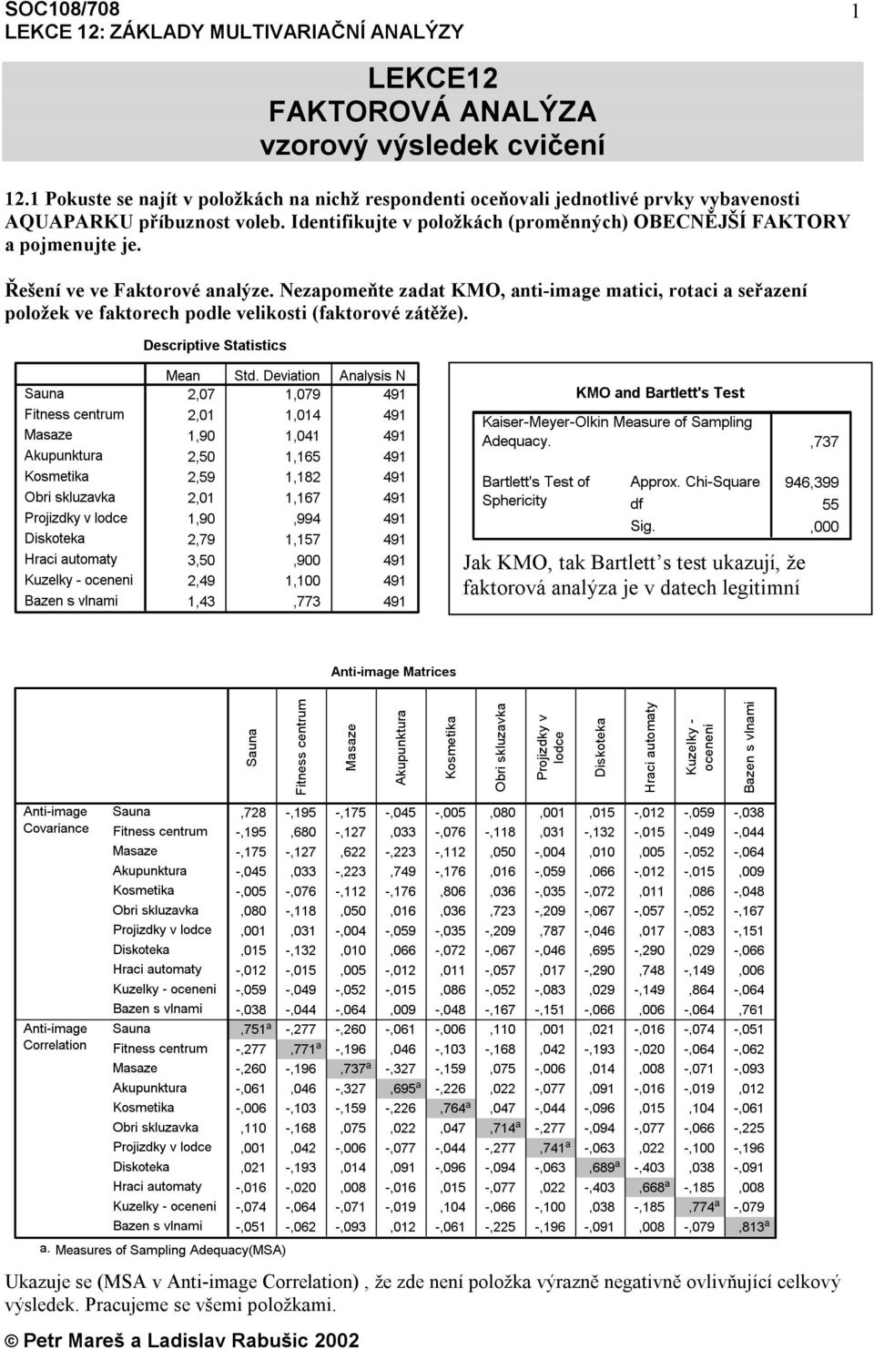 Nezapomeňte zadat KMO, anti-image matici, rotaci a seřazení položek ve faktorech podle velikosti (faktorové zátěže). Descriptive Statistics Mean Std.