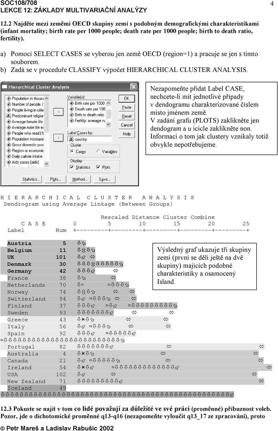 Nezapomeňte přidat Label CASE, nechcete-li mít jednotlivé případy v dendogramu charakterizované číslem místo jménem země. V zadání grafu (PLOTS) zaklikněte jen dendogram a u icicle zaklikněte non.