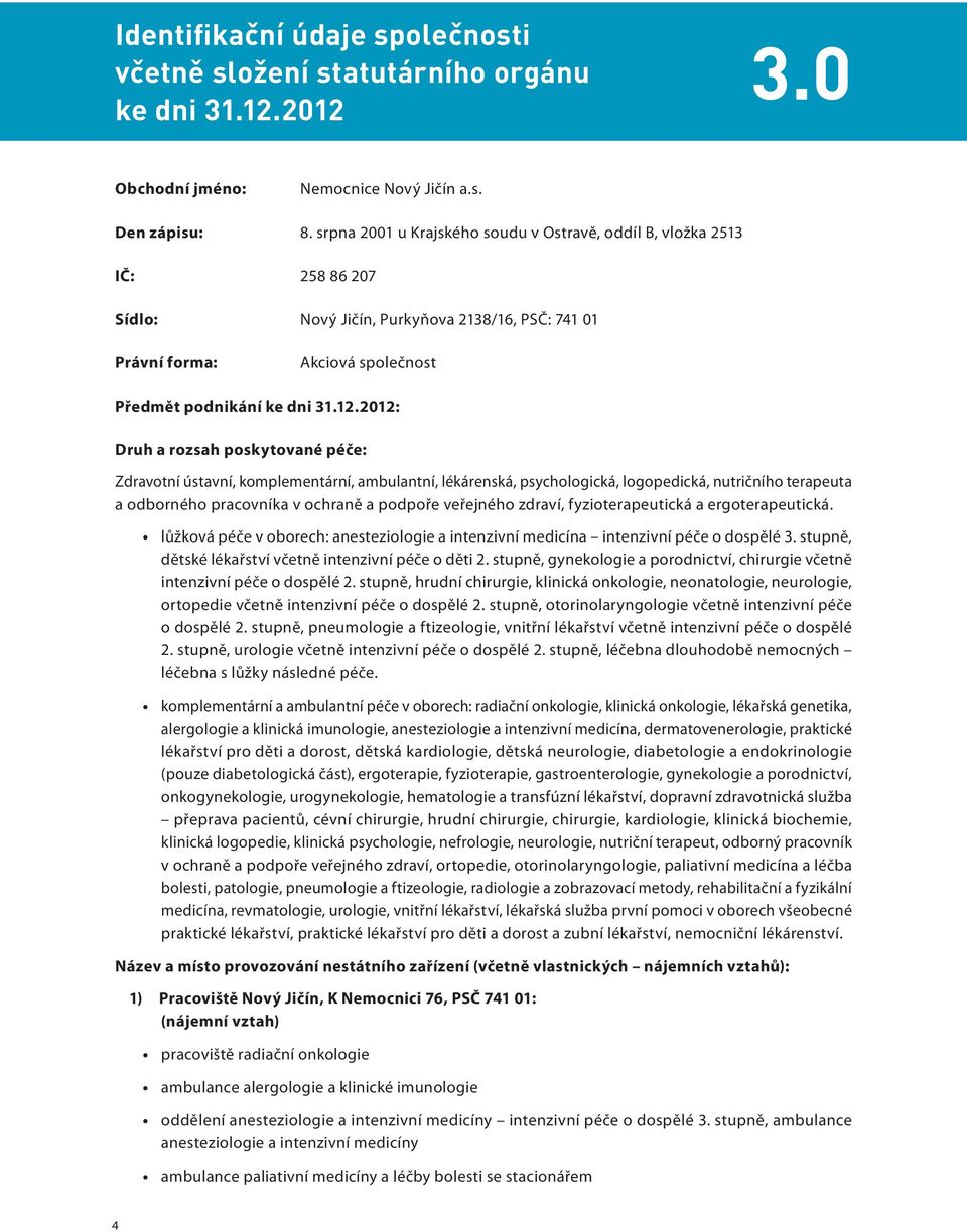 2012: Druh a rozsah poskytované péče: Zdravotní ústavní, komplementární, ambulantní, lékárenská, psychologická, logopedická, nutričního terapeuta a odborného pracovníka v ochraně a podpoře veřejného