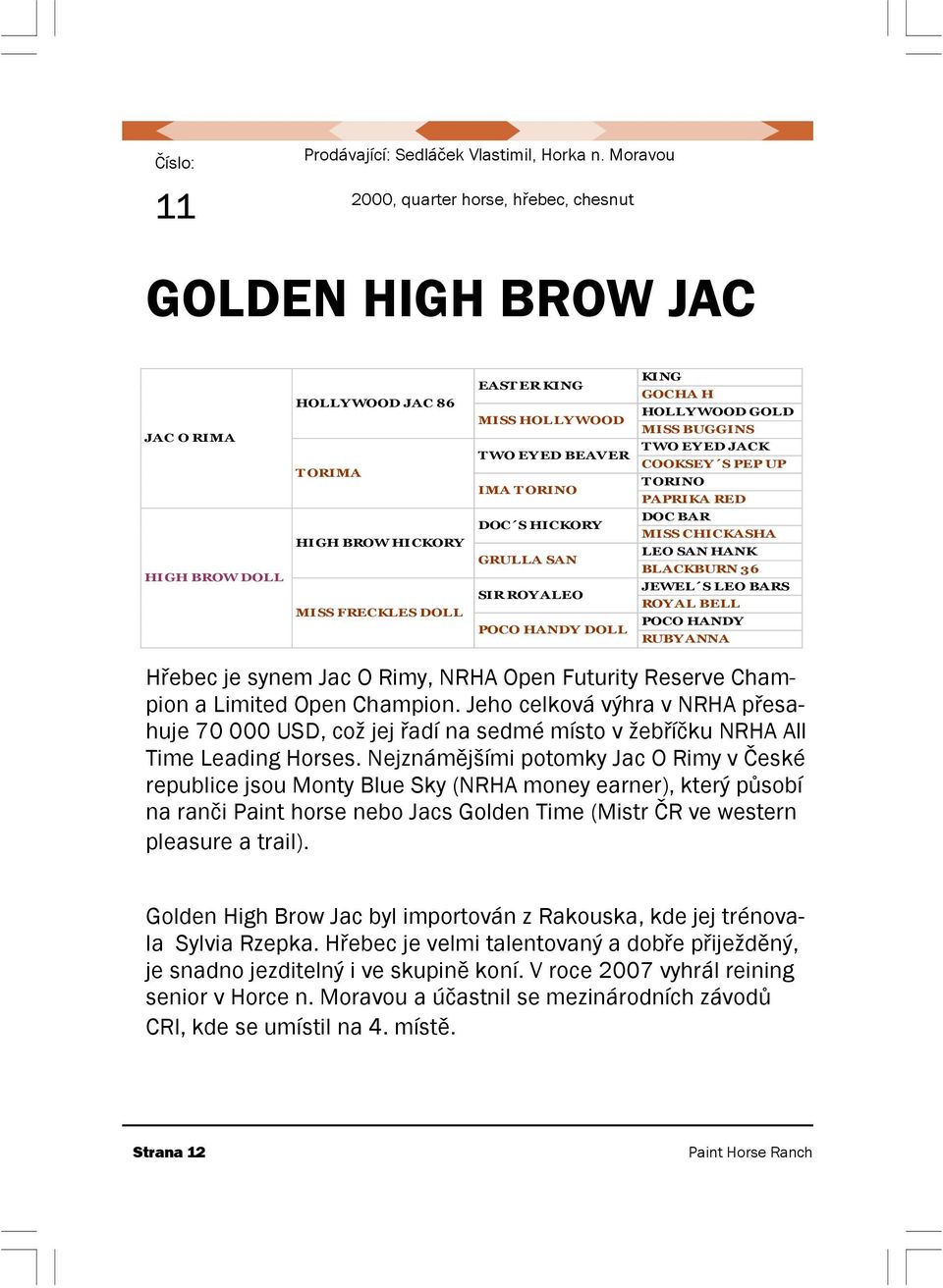 BEAVER IMA T ORINO DOC S HICKORY GRULLA SAN SIR ROYALEO POCO HANDY DOLL KING GOCHA H HOLLYWOOD GOLD MISS BUGGINS T WO EYED JACK COOKSEY S PEP UP T ORINO PAPRIKA RED DOC BAR MISS CHICKASHA LEO SAN