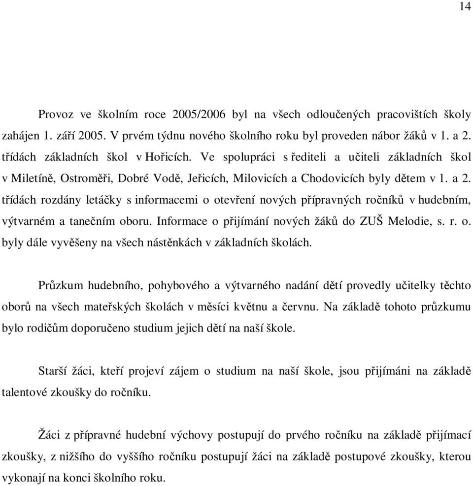 tídách rozdány letáky s informacemi o otevení nových pípravných roník v hudebním, výtvarném a tanením oboru. Informace o pijímání nových žák do ZUŠ Melodie, s. r. o. byly dále vyvšeny na všech nástnkách v základních školách.