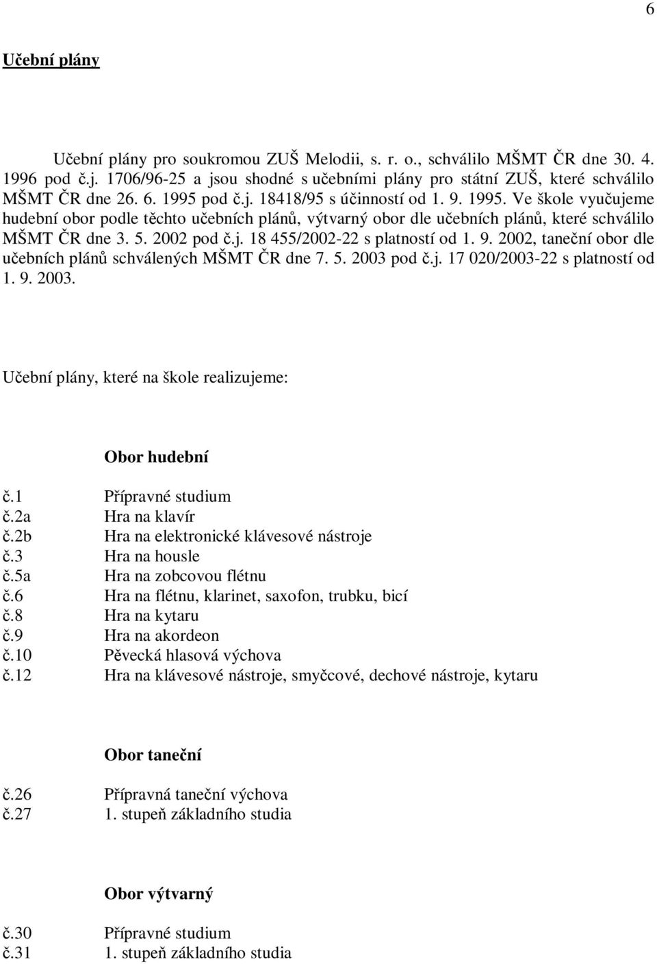 9. 2002, tanení obor dle uebních plán schválených MŠMT R dne 7. 5. 2003 pod.j. 17 020/2003-22 s platností od 1. 9. 2003. Uební plány, které na škole realizujeme: Obor hudební.1 Pípravné studium.