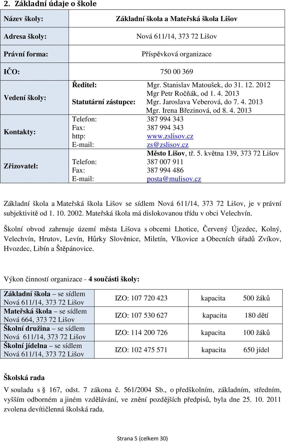 zslisov.cz E-mail: zs@zslisov.cz Město Lišov, tř. 5. května 139, 373 72 Lišov Telefon: 387 007 911 Fax: 387 994 486 E-mail: posta@mulisov.