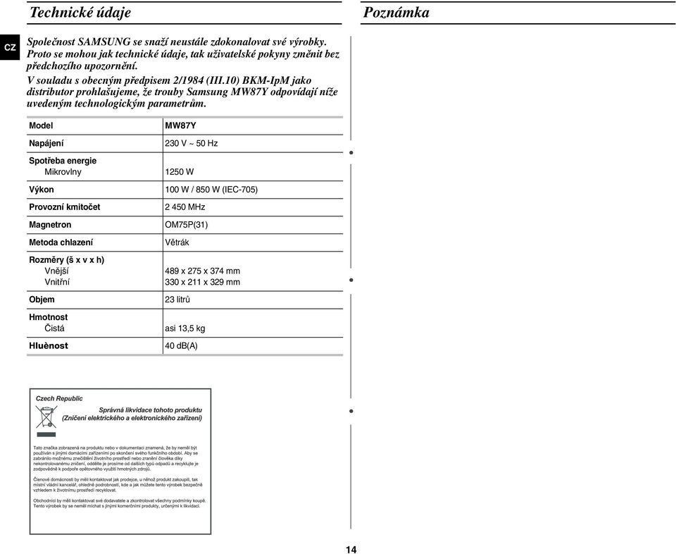 10) BKM-IpM jako distributor prohlašujeme, že trouby Samsung MW87Y odpovídají níže uvedeným technologickým parametrům.